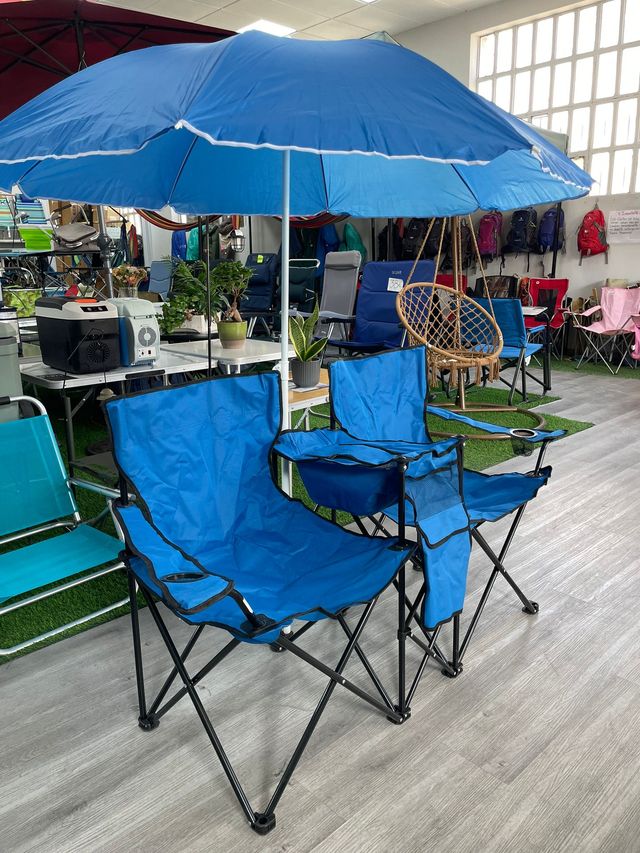 Silla Doble Camping con Sombrilla Azul