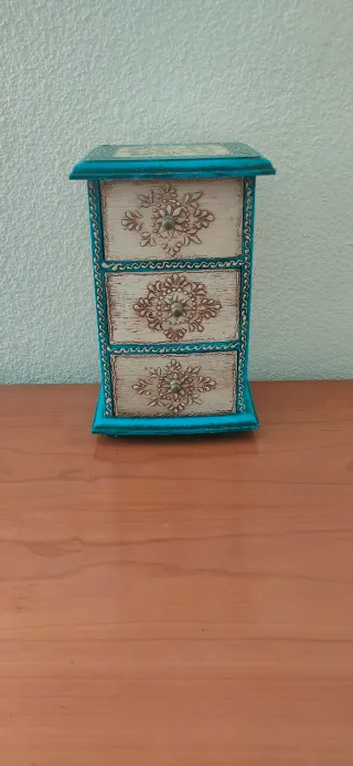Joyero vintage madera beige y turquesa