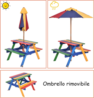 Set con Tavolo Picnic di Legno e Ombrellone per Ba