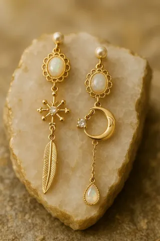 Pendientes Vintage Oro Opal Luna Pluma