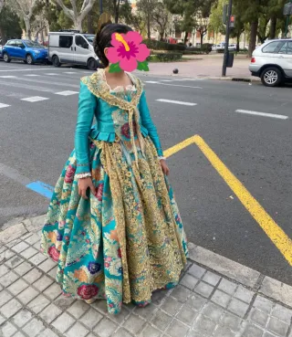 Vestido de fallera niña oro y turquesa