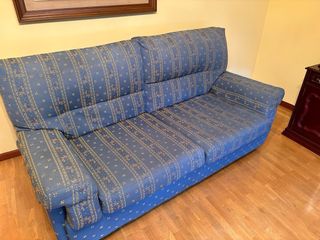 Sofá azul de tela con estampado