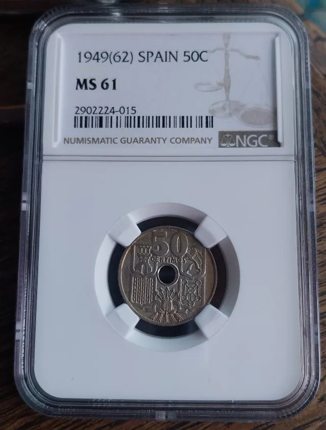 50 Centimos España 1949 NGC MS61 Pátina Multicolor