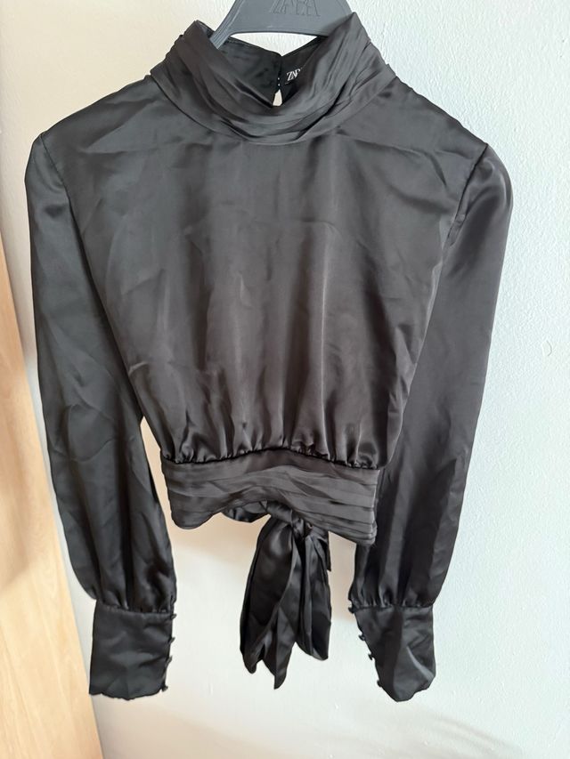 Camisa Zara Satén Negra Talla L