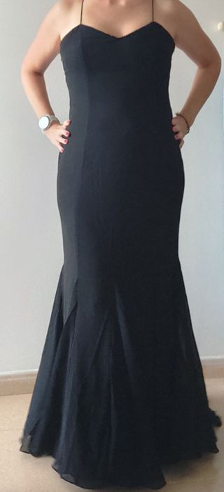 Vestido fiesta largo 
negro con perlas L