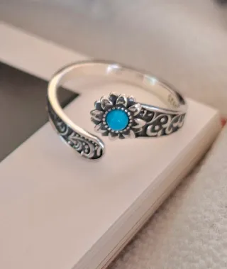 Anillo Plata Ley Flor Turquesa Ajustable
