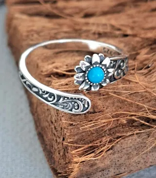 Anillo Plata Ley Flor Turquesa Ajustable
