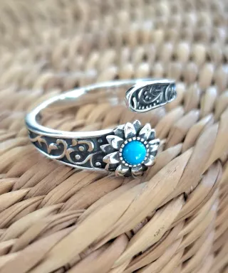 Anillo Plata Ley Flor Turquesa Ajustable