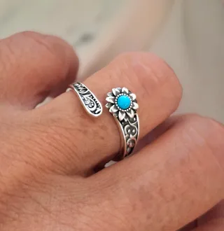 Anillo Plata Ley Flor Turquesa Ajustable