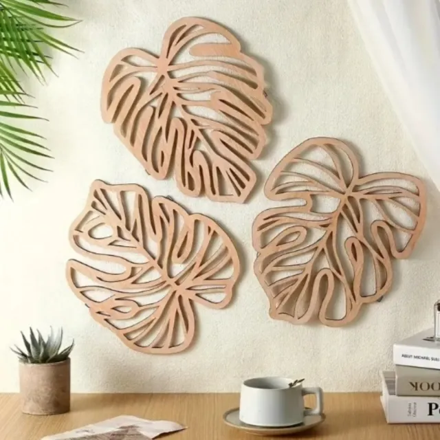 3 adornos de madera hoja monstera