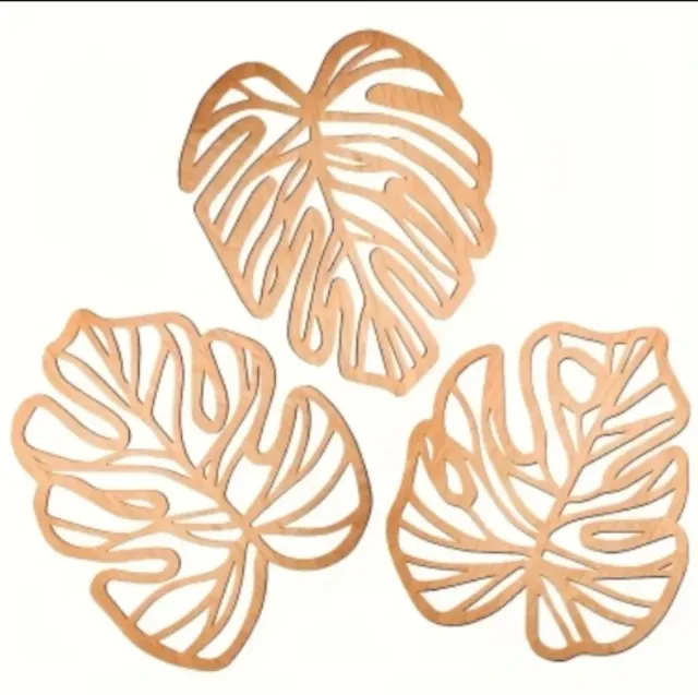 3 adornos de madera hoja monstera