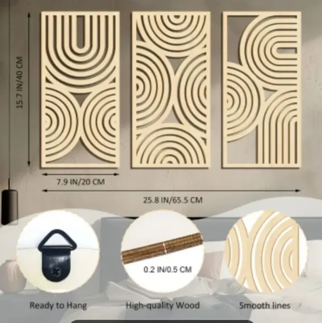 3 Adornos de Pared Madera Beige