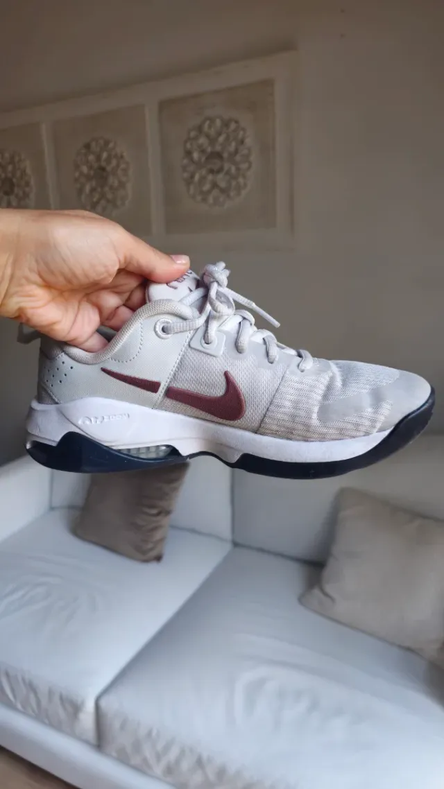 Zapatilla Nike gris y logotipo marrón.