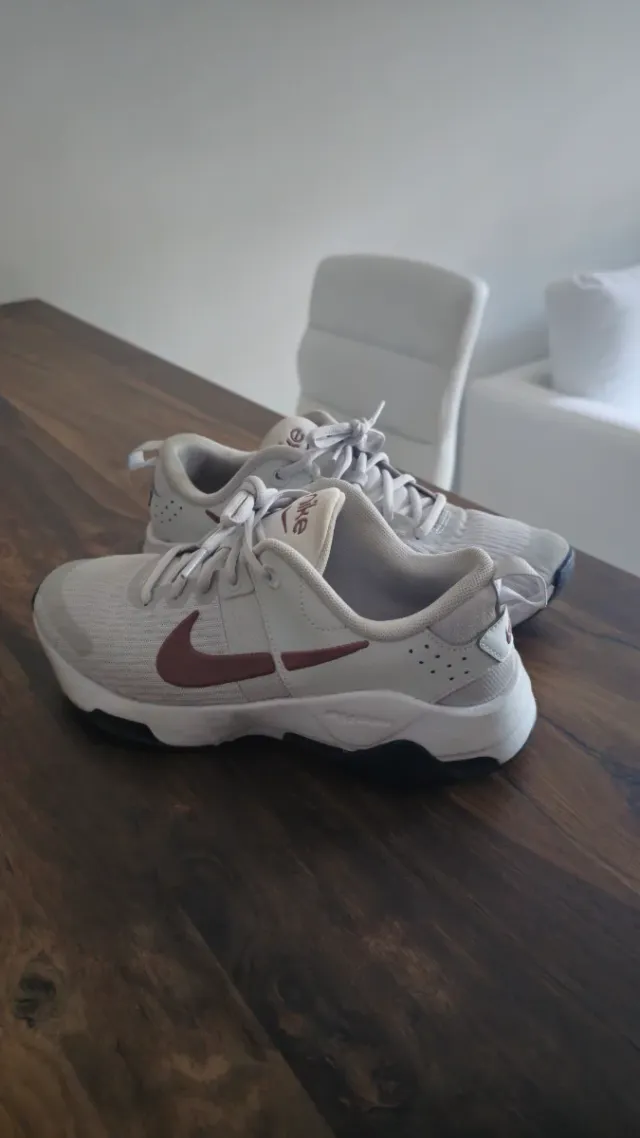 Zapatilla Nike gris y logotipo marrón.