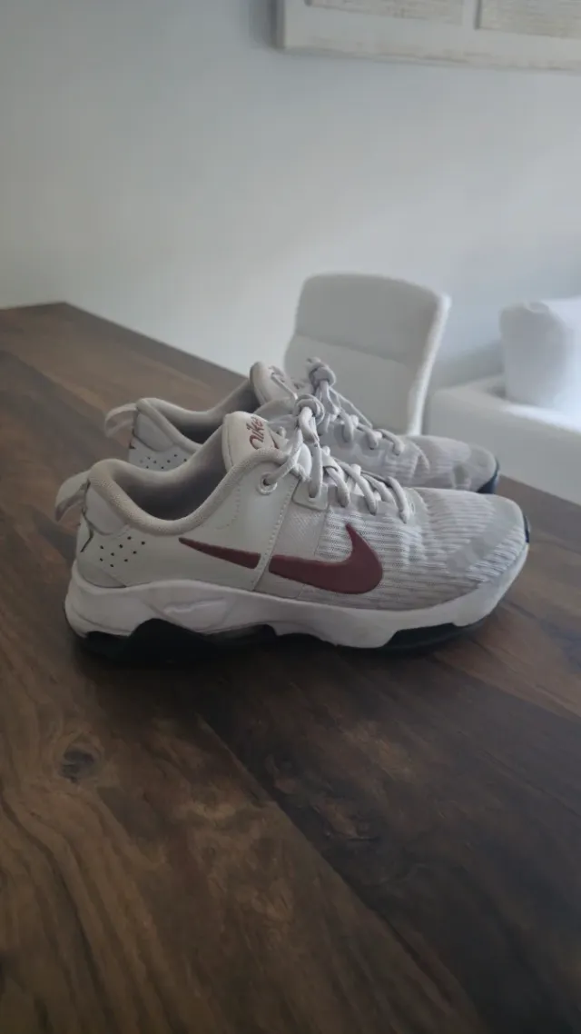 Zapatilla Nike gris y logotipo marrón.