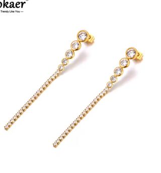 Pendientes largos acero dorado con circonitas