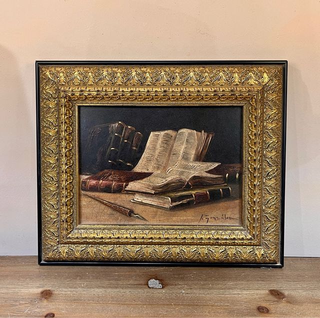 Naturaleza muerta con libros y pluma, óleo firmado