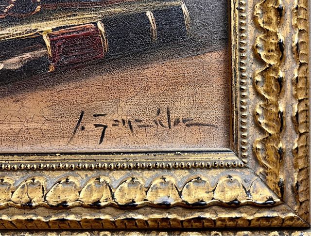 Naturaleza muerta con libros y pluma, óleo firmado