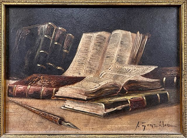 Naturaleza muerta con libros y pluma, óleo firmado