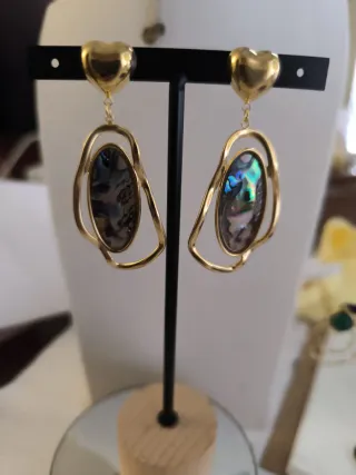 Pendientes Acero Dorado Corazón y Abalorio