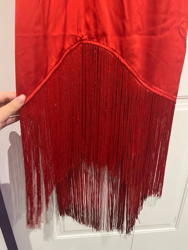 Vestido Mango Rojo Largo con Flecos