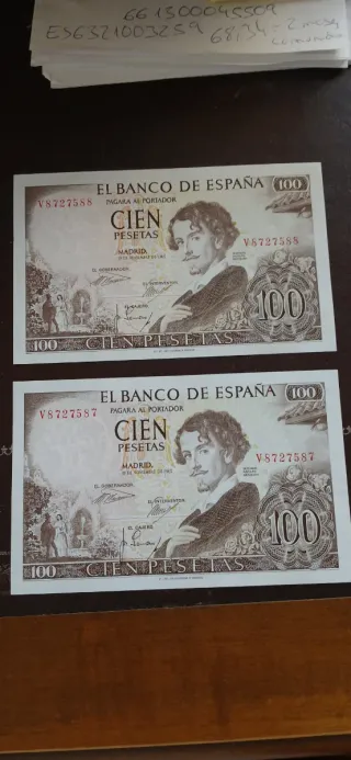 2 Billetes 100 Pesetas Bequer 1965 Correlativos