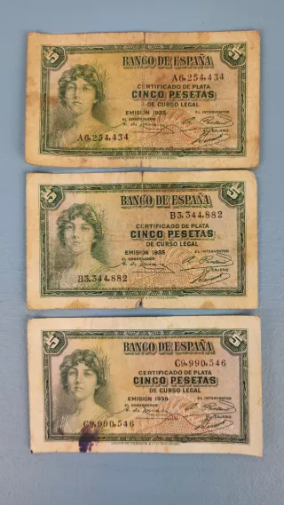 3 Billetes 5 Pesetas Banco de España