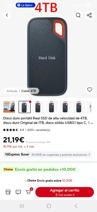 SSD Portátil 4TB USB 3.1 Tipo-C