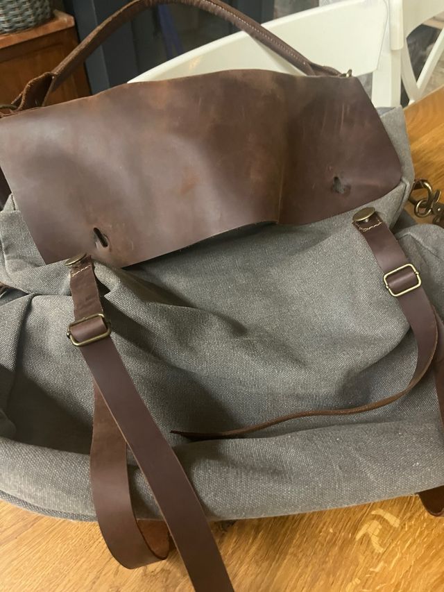 Bolso Grande Cuero y Lona Marrón/Gris