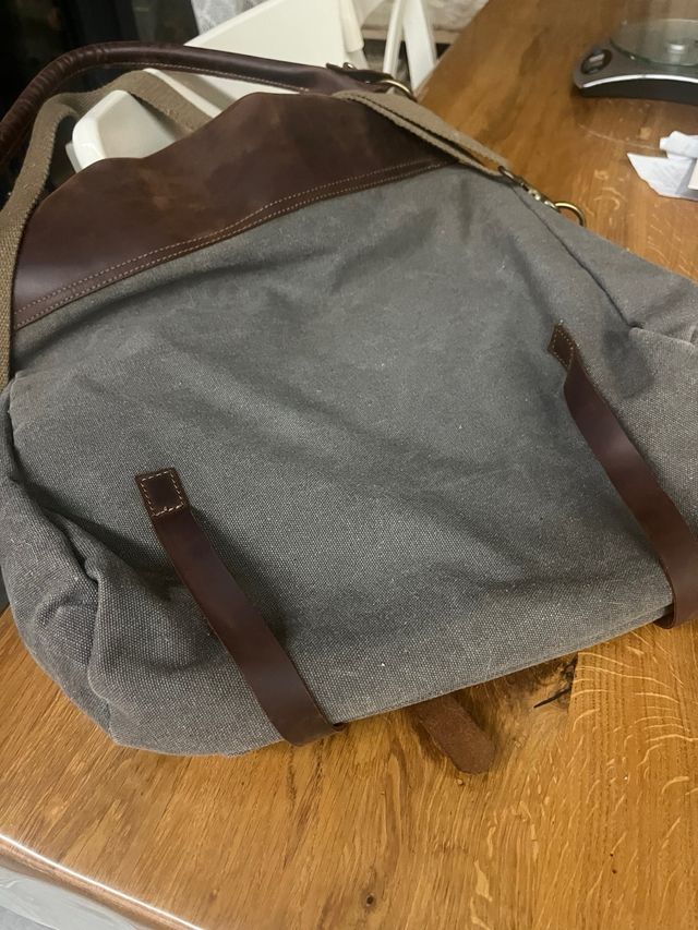 Bolso Grande Cuero y Lona Marrón/Gris