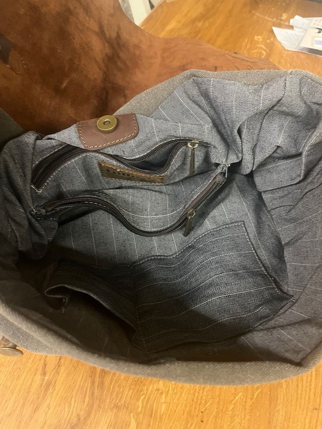 Bolso Grande Cuero y Lona Marrón/Gris