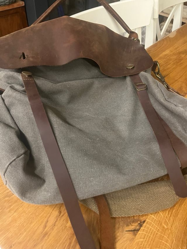 Bolso Grande Cuero y Lona Marrón/Gris