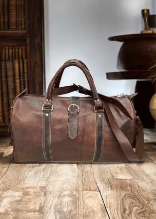 Bolsa de Viaje de Piel Auténtica Marrón Oscuro