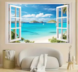 Tela Decorativa para pared de Ventana Playa Tropic