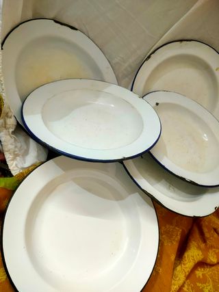 Lotto Stoviglie Vintage Smaltate Bianco Blu 10pz