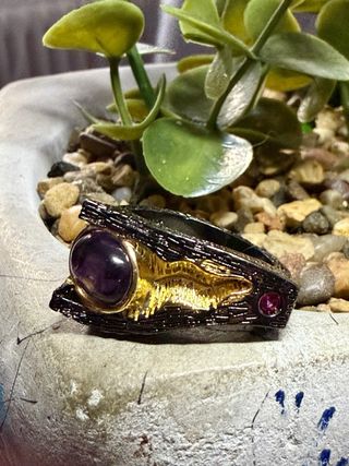 Anillo Plata Ley Baño Oro Negro Amatista