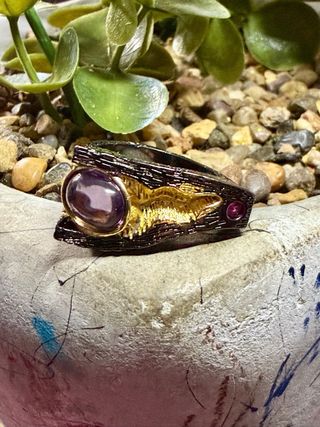 Anillo Plata Ley Baño Oro Negro Amatista