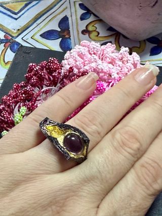 Anillo Plata Ley Baño Oro Negro Amatista