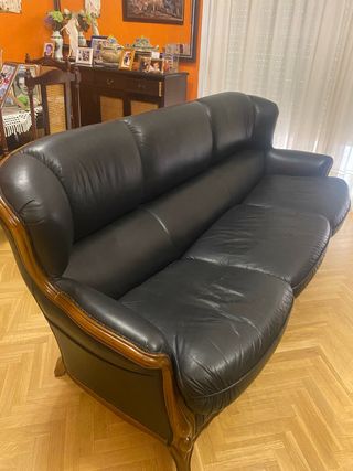 Sofá clásico 3 plazas y 2 sillones cuero negro 
