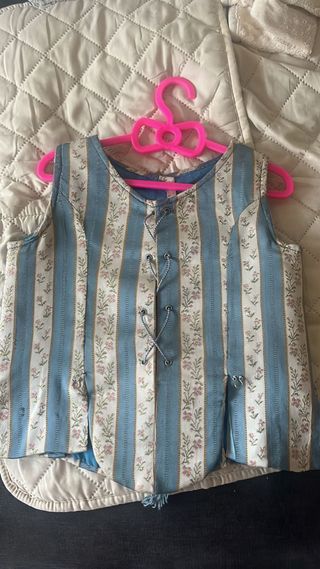 traje de Fallera Niña Azul y beige con flores rosa