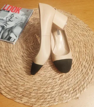 Zapatos Salón Piel Mango Beige/Negro Talla 38