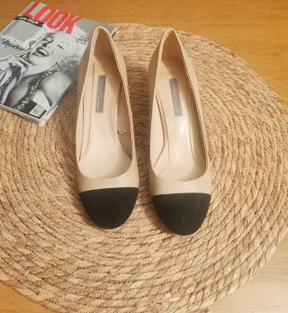 Zapatos Salón Piel Mango Beige/Negro Talla 38