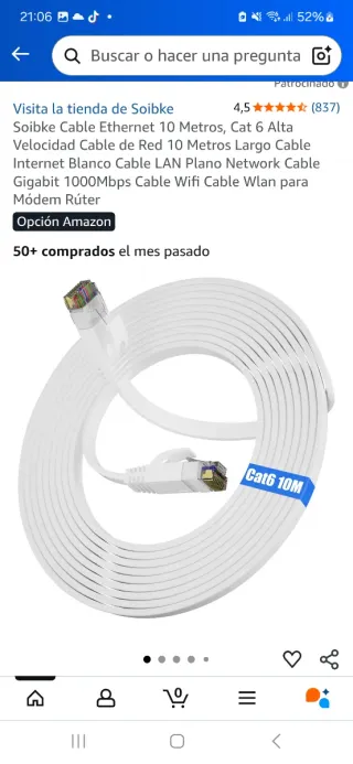 Cable Ethernet Soibke 10m Cat 6 Plano Blanco