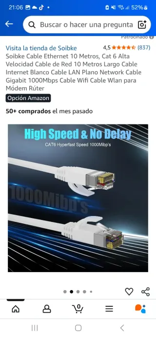 Cable Ethernet Soibke 10m Cat 6 Plano Blanco