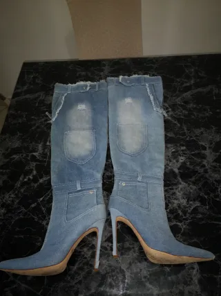 Stivali jeans ginocchio con tacco alto