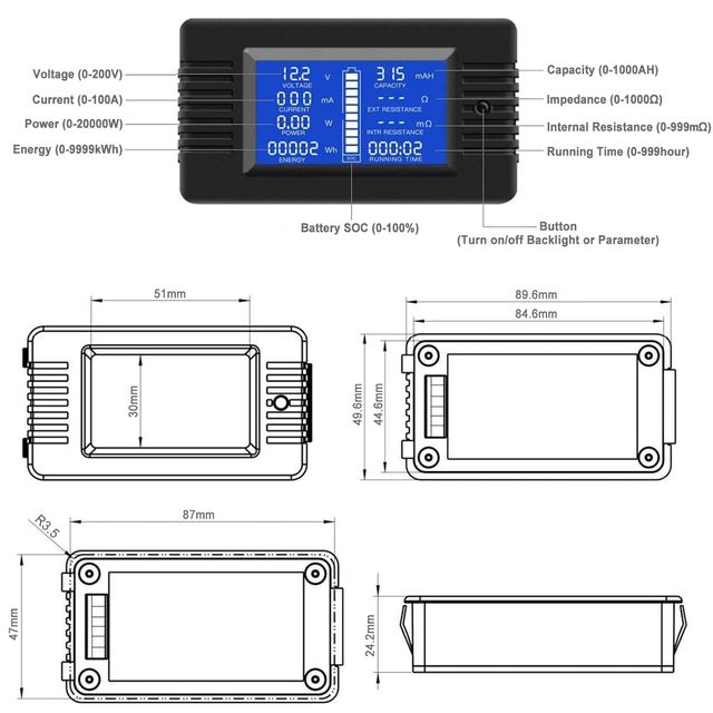 Monitor batteria DC 0-200V con shunt