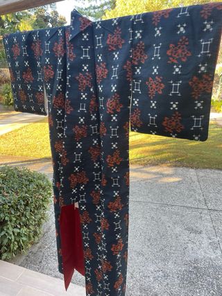 Kimono Seda Japonés Auténtico Azul Naranja