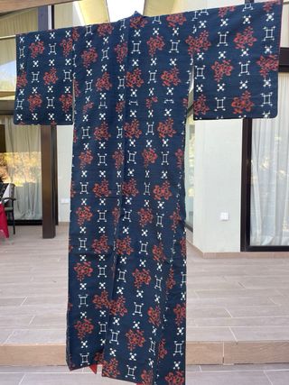 Kimono Seda Japonés Auténtico Azul Naranja