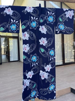 Kimono Yukata Japonés auténtico Flores Azul Blanco