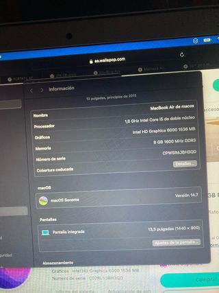 MacBook Air 13 2015 Plata la batería dura 4 h 